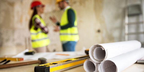 Dos personas hablan en una construcción